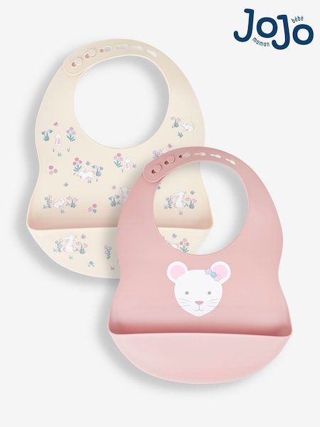 JoJo Maman Bébé Pink Ditsy Mouse 2-Pack Silicone Bib Set (150388) | €6.50