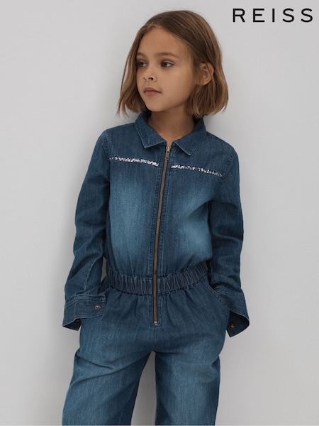 Reiss Blue Marnie 9-13 yrs Elasticated Embellished Denim Jumpsuit (150661) | €35