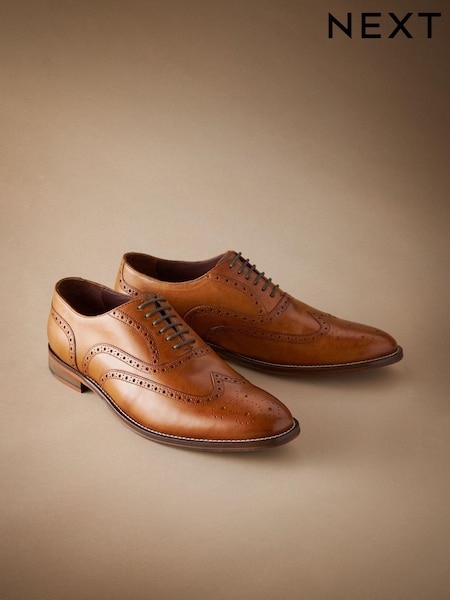 Tan Brown Standard Fit Signature Italian Leather Wing Cap Brogues (150995) | €40