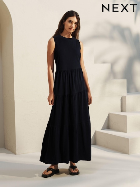 Black Sleeveless 100% Cotton Crew Neck Tiered Summer Maxi Jersey Dress (151081) | €7