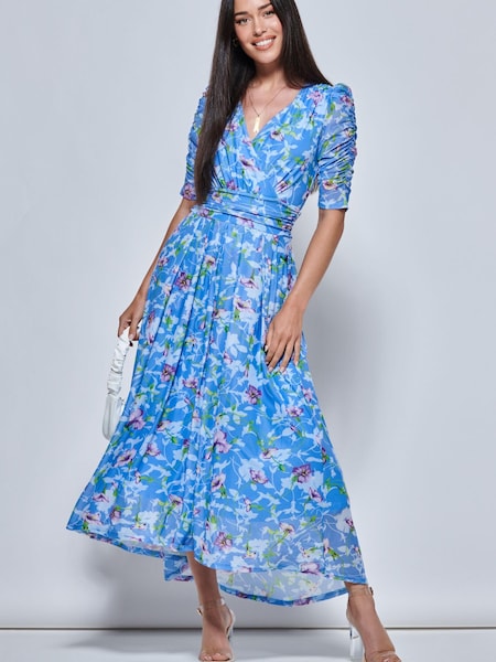 Jolie Moi Blue Print Dip Hem Mesh Maxi Dress (151194) | €60