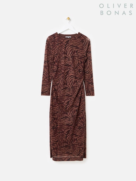 Braun - Oliver Bonas Midikleid aus Netzstoff mit Animalprint