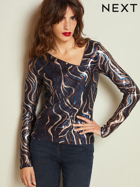 Wellenförmige Marine - Sequin Long Sleeve Asymmetric Party Top (151899) | 32 €