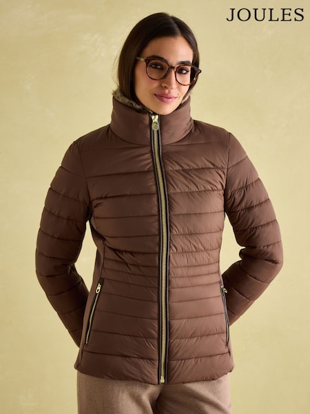 Joules Beckley Brown Padded Showerproof Jacket with Faux Fur Trim (152471) | $255
