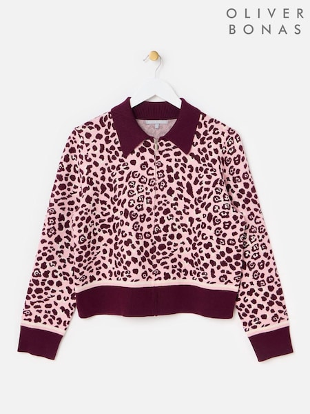 Pink - Oliver Bonas Burgundy & Animal Print Zip Up Knitted Bomber Jacket