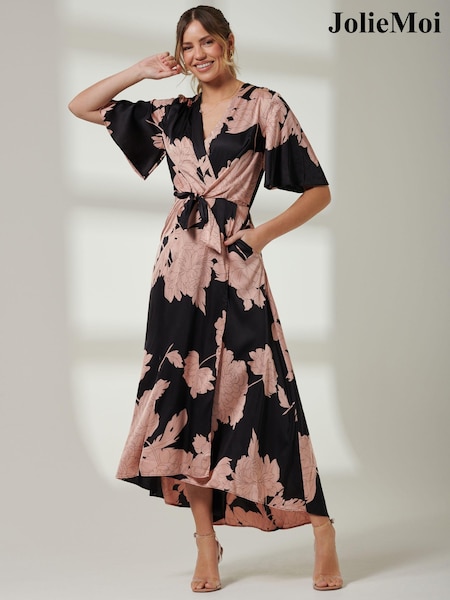 Jolie Moi Black Angel Sleeve Satin Maxi Dress (152702) | €47