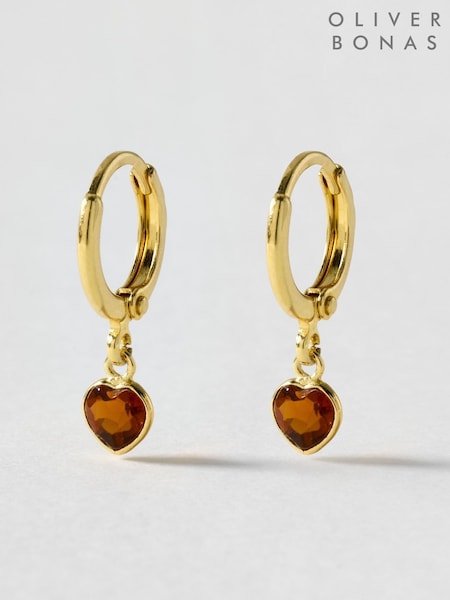 Brown - Oliver Bonas Auden Honey Quartz Heart Charm Gold Plated Hoop Drop Earrings