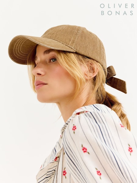 Brown - Oliver Bonas Striped Cherry & Bow Cap Hat