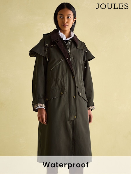 Joules Highbridge Khaki Green Waterproof Longline Coat with Hood (152895) | R$ 1,965