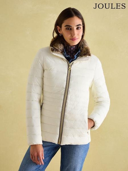 Joules Beckley White Padded Showerproof Jacket with Faux Fur Trim (152900) | R$ 1,470