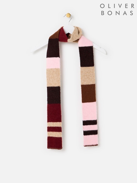 Brown - Oliver Bonas Burgundy & Colour Block Knitted Skinny Scarf