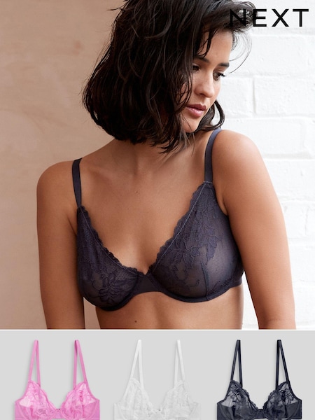 Charcoal Grey/Pink/White Non Pad Full Cup Lace Bras 3 Pack (153077) | €19.50