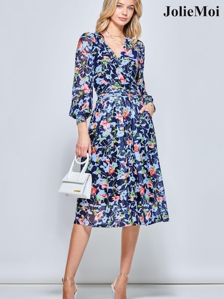 Jolie Moi Blue Floral Long Sleeve Mesh Midi Dress (153089) | €60