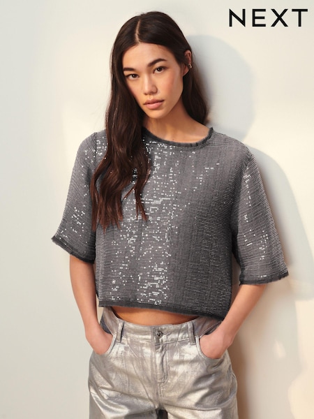 Темно-серый - Short Sleeve Sequin T-Shirt (153208) | €12