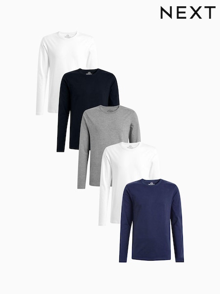 Valkoinen/ Musta/ Harmaa/ Navy Sininen - Long Sleeve 100% Cotton T-shirts 5 Pack (153265) | €55