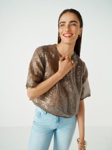 Зеленый хаки - Short Sleeve Sequin T-Shirt (153332) | €12