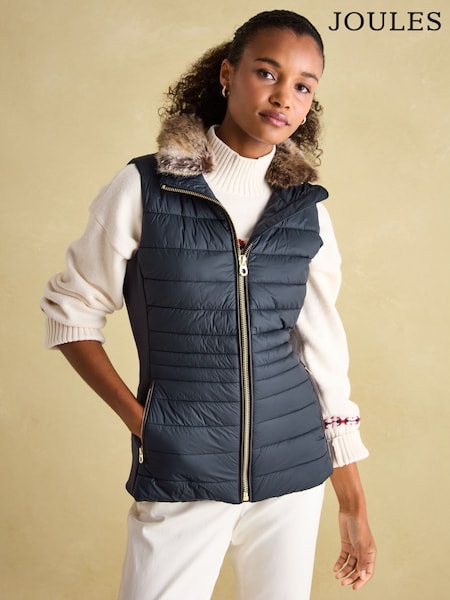 Joules Beckley Navy Padded Showerproof Gilet With Detachable Faux Fur Collar (153425) | €185