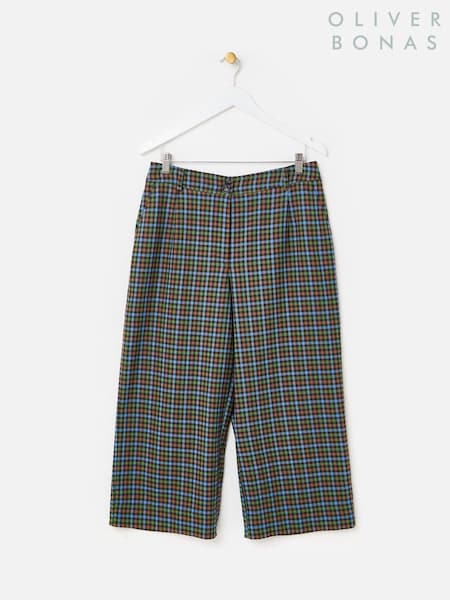 Green/Blue - Oliver Bonas Checked Cropped Wide Leg Trousers
