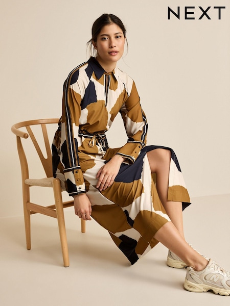 Schwarz/Braun/Ecru-Creme mit Kuh-Print - Langärmeliges Midi-Säulenkleid (154234) | 20 €