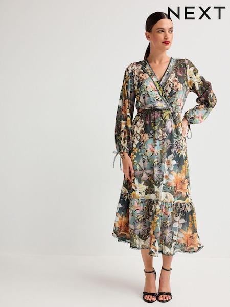 Green/Multicoloured Floral Wrap Neck Midi Dress (154424) | €23