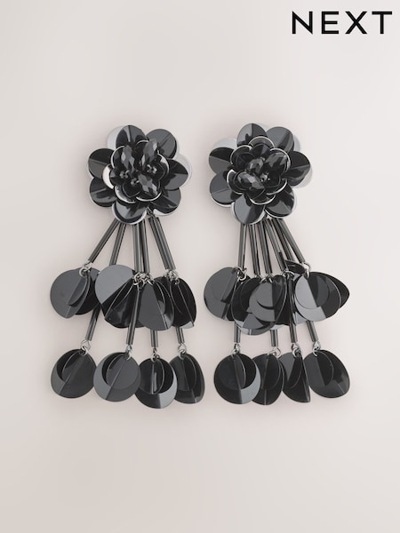 Schwarz - Statement-Blumenohrringe mit Pailletten