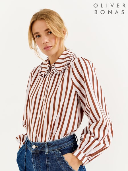 Mocha Brown & White - Oliver Bonas Striped Frill Collar Cotton Shirt