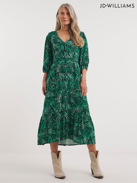 JD Williams Green Animal Print Spun Button Through Midi Tea Dress (155092) | €24