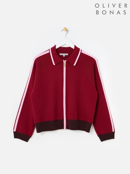Pink & Burgundy Red - Oliver Bonas Striped Collared Knitted Bomber Jacket