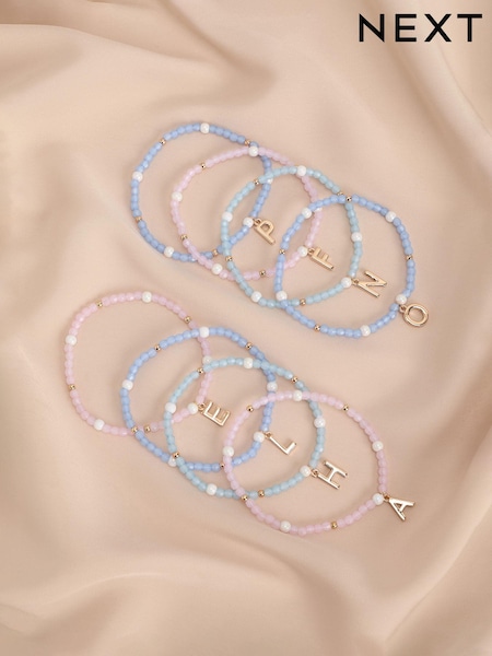 Gold Tone Inital Pastel Stretch Beaded Bracelet Letter (155370) | $10