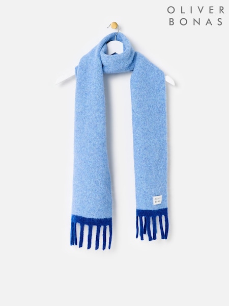Azul - Bufanda de punto con borlas y ribetes en contraste de Oliver Bonas