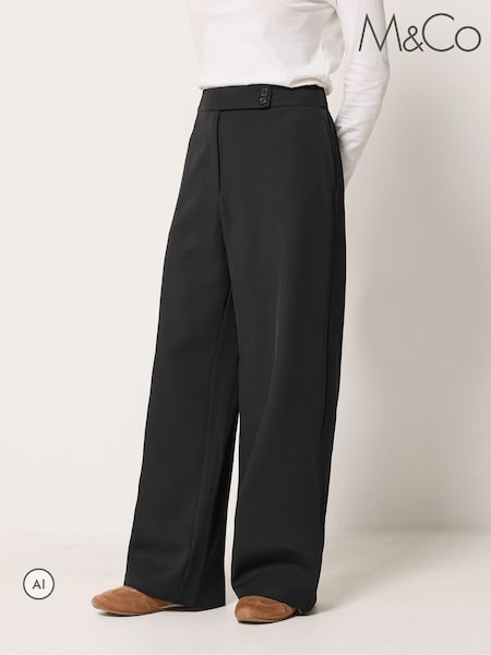 黑色 - M&co Petite Button Wide Leg Trousers