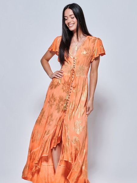 Jolie Moi Orange Angel Sleeve Button Front Holiday Maxi Dress (155861) | € 70