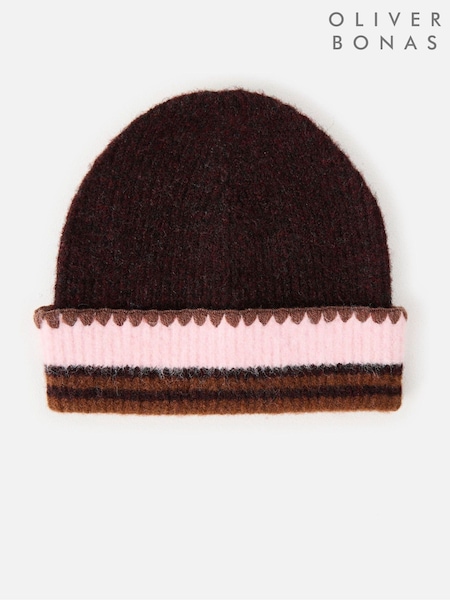 Chocolate Brown & Pink - Oliver Bonas Striped Knitted Beanie Hat