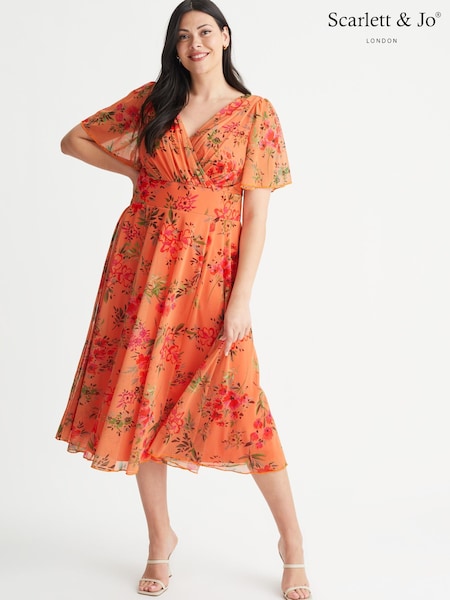 Scarlett & Jo Orange Flower Print Victoria Angel Sleeve Mesh Long Midi Dress (156238) | €65