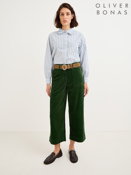 Green - Oliver Bonas Dark Corduroy Cropped Scalloped Pocket Wide Leg Trousers