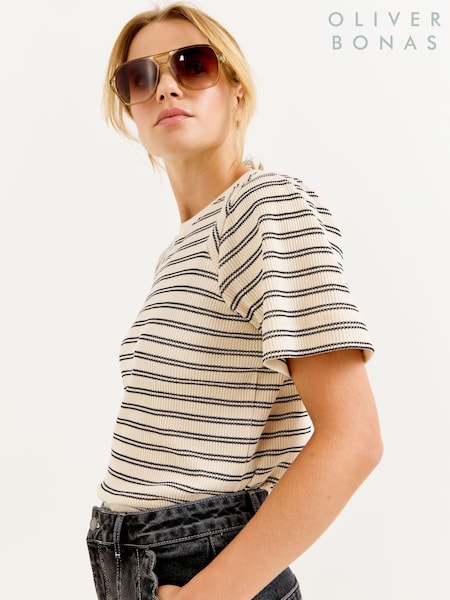 Cream at Black - Oliver Bonas Striped Ribbed T-shirt