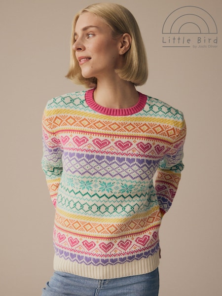 Little Bird by Jools Oliver Pink Adult 100% Cotton Pastel Rainbow Christmas Fairisle Pattern Knitted Jumper (157040) | AED154