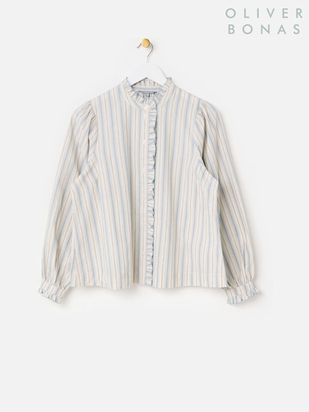 White - Oliver Bonas Cream & Blue Striped Frill Neck Blouse