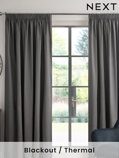 Grey Charcoal Cotton Blackout/Thermal Pencil Pleat Curtains (157472) | $58 - $151