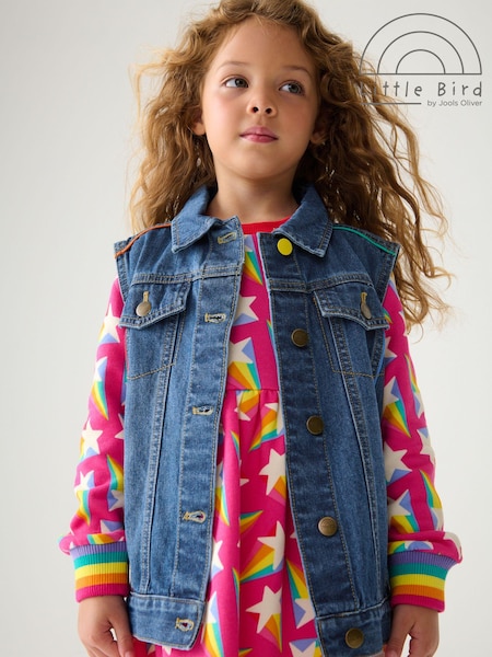 Little Bird by Jools Oliver Blue Washed Denim Rainbow Embroidered 100% Cotton Waistcoat (157549) | R$ 215 - R$ 275