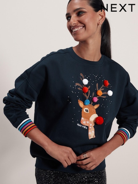 Navy Blue Reindeer Pom Pom Christmas Novelty Sweatshirt (157806) | €9