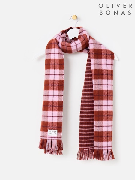 Pink - Oliver Bonas Checked Reversible Knitted Scarf