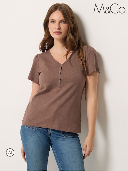 Brown - M&co Placket Short Sleeve Cotton Top
