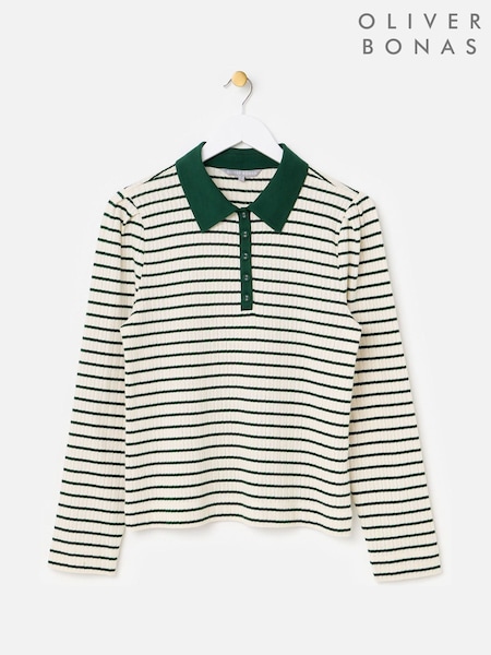 Green - Oliver Bonas Striped Pointelle Long Sleeve Polo Neck Top