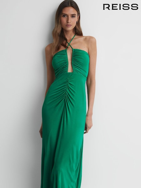 Reiss Green Lana Plunge Halter Neck Maxi Dress (158449) | 1,455 QAR