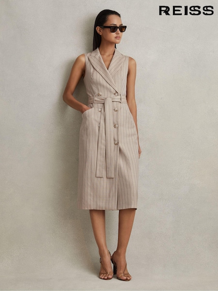 Reiss Neutral Andie Wool Blend Striped Double Breasted Midi Dress (158576) | kr4 972