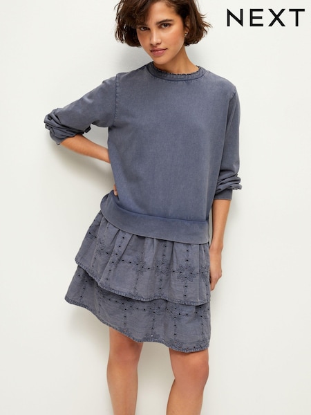 Indigo Blue Pretty Ruffle Tiered Sweatshirt Overlay Smock Dress (158637) | €27