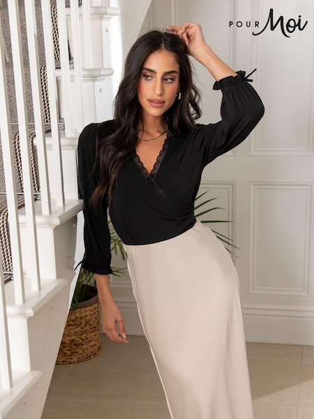 Pour Moi Black Anya Lace Detail Recycled Slinky Jersey Top (158686) | 193 QAR