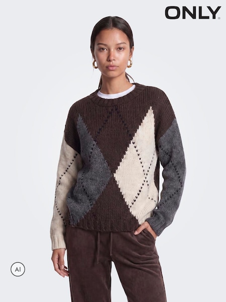 Brun - Only Argyle Crew Neck Jumper