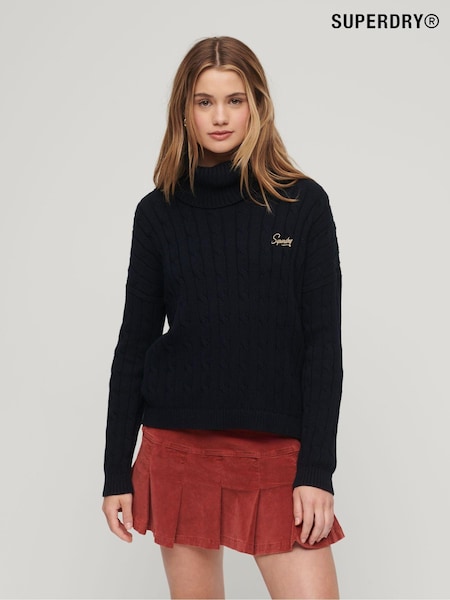 Negru întunecat - PULOVER TRICOTAT CU TORSADE ȘI GULER RULAT Superdry (158762) | 220 LEI